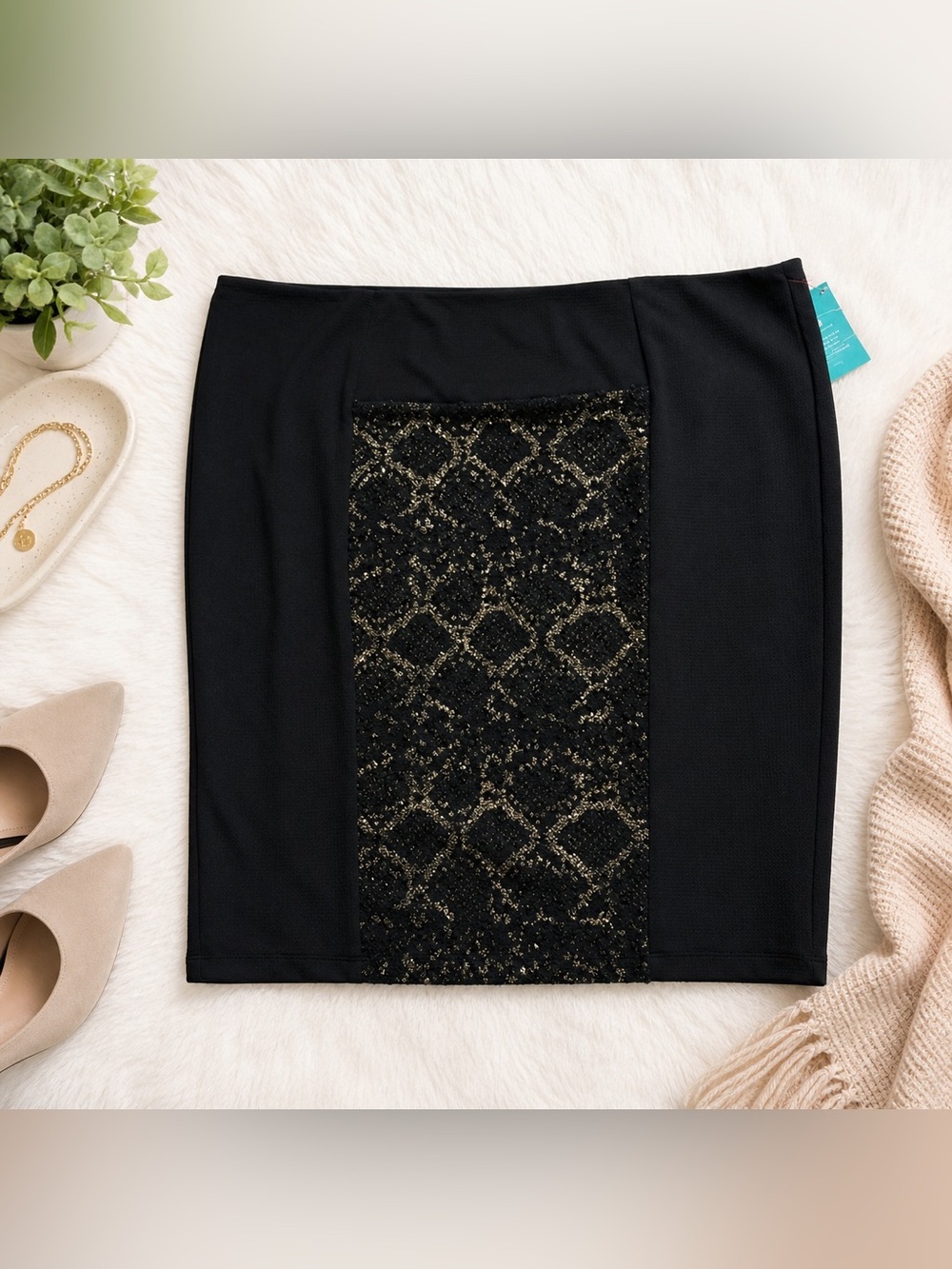 Kiyonna Black Pencil Skirt with Gold Sequin Inset